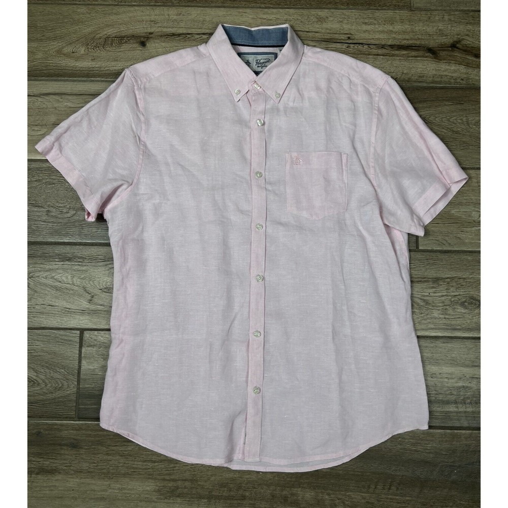 Original Penguin Men’s Pink Linen Size Large Short Sleeve Button Up Shirt